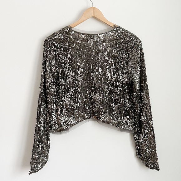Abercrombie & Fitch gunmetal silver sequin open front bolero crop cardigan - Picture 3 of 9